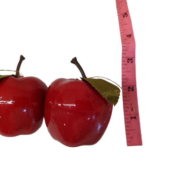 Vintage Red Apple Christmas Ornaments Light Weight Shiny Red Apples Green Silk - Picture 8 of 9